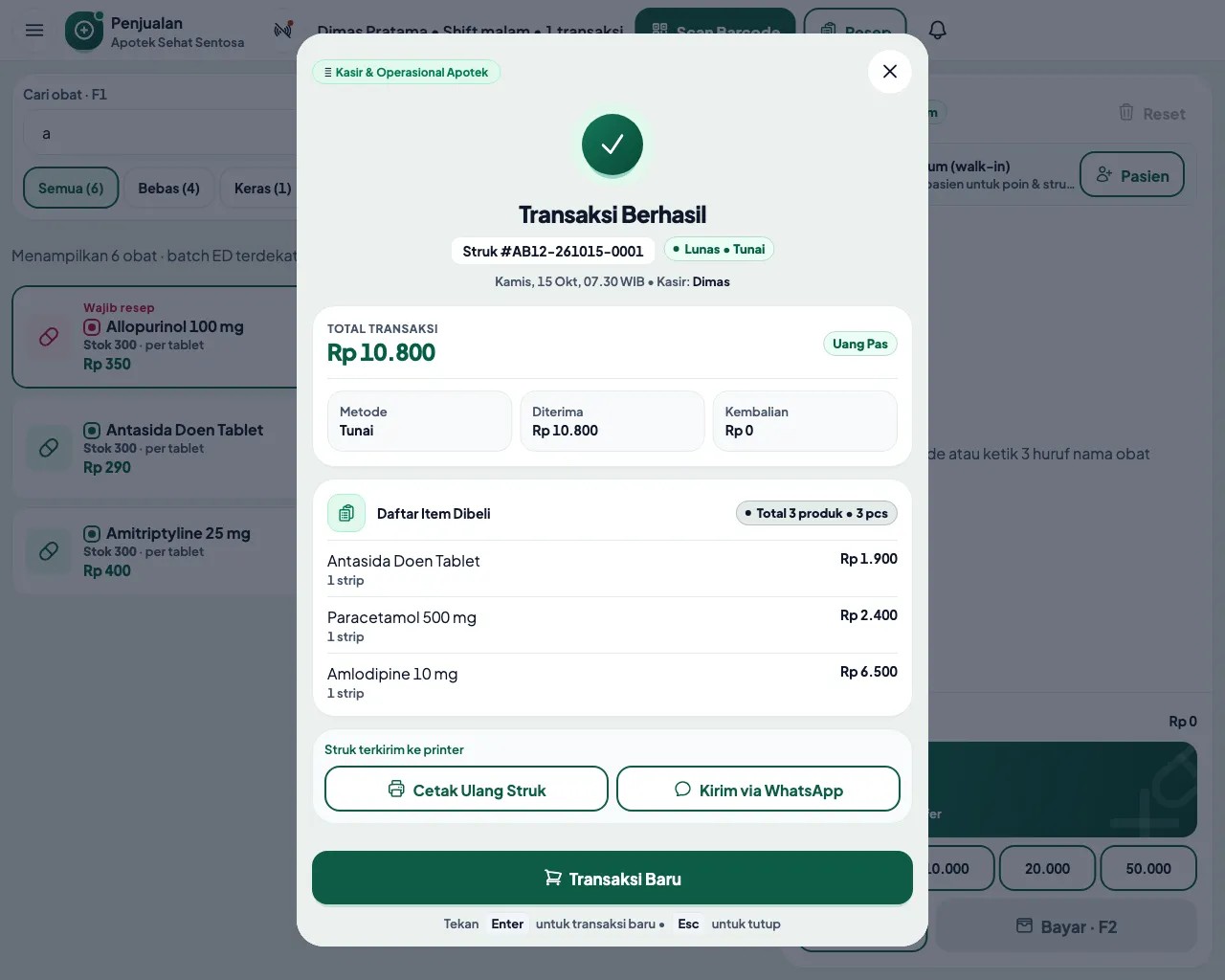 Layar transaksi berhasil di kasir Trifamed